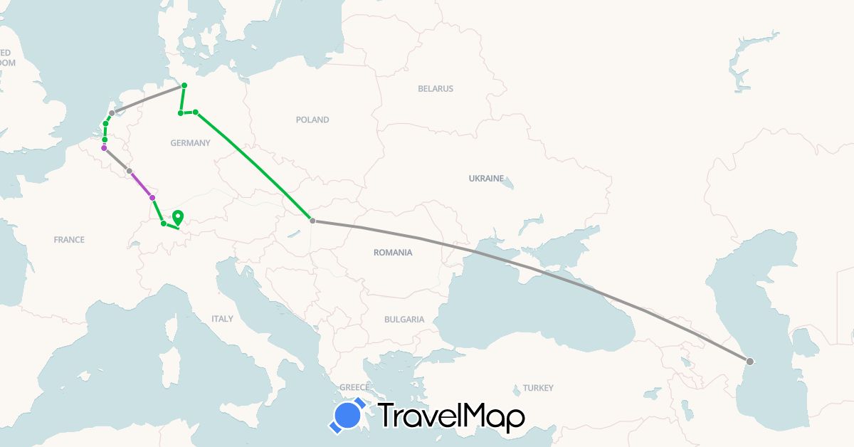 TravelMap itinerary: driving, bus, plane, train in Azerbaijan, Belgium, Switzerland, Germany, France, Hungary, Liechtenstein, Luxembourg, Netherlands (Asia, Europe)